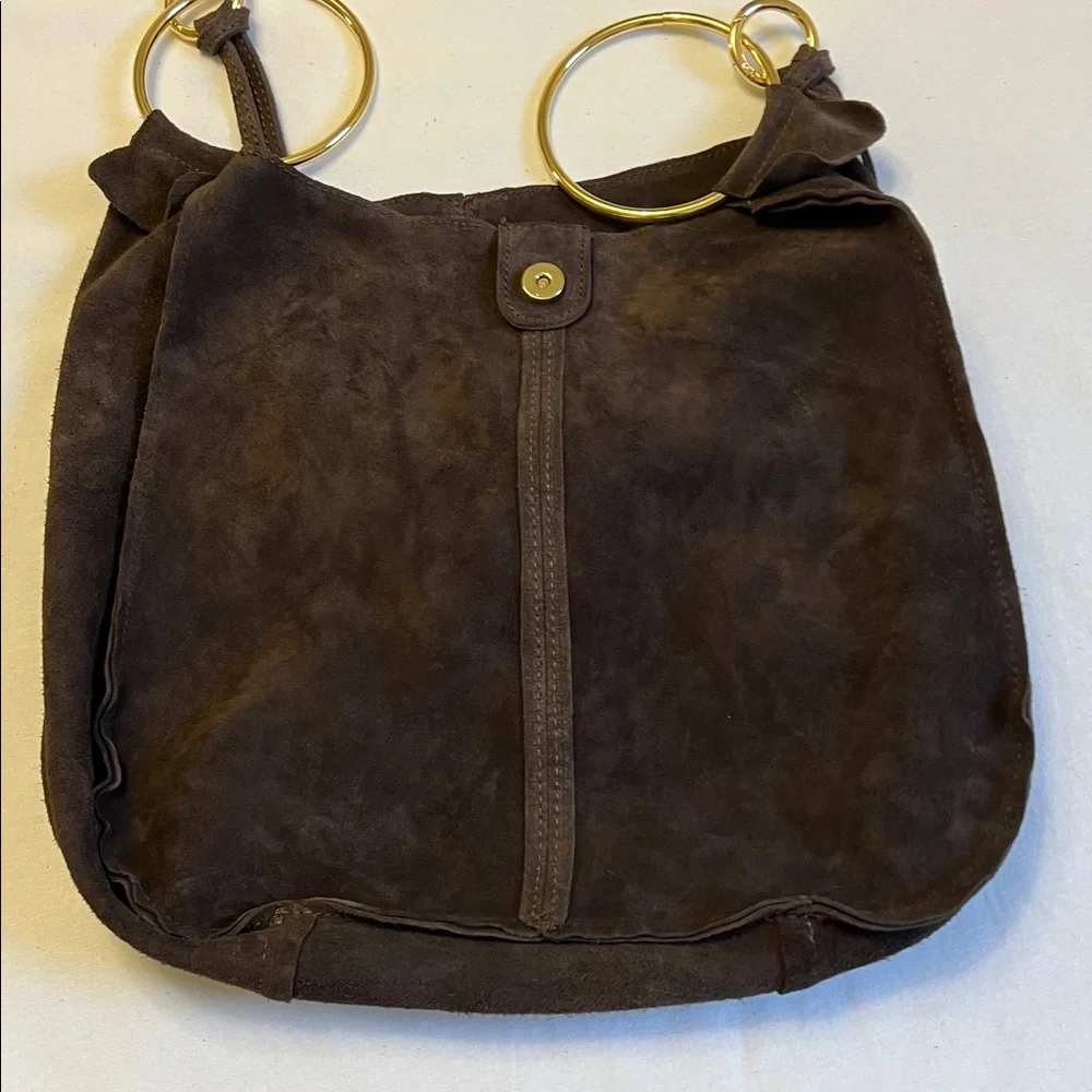 Claudia Firenze Suede Crossbody Slouchy Hobo Tote Bag Chocolate Brown Gold Ring